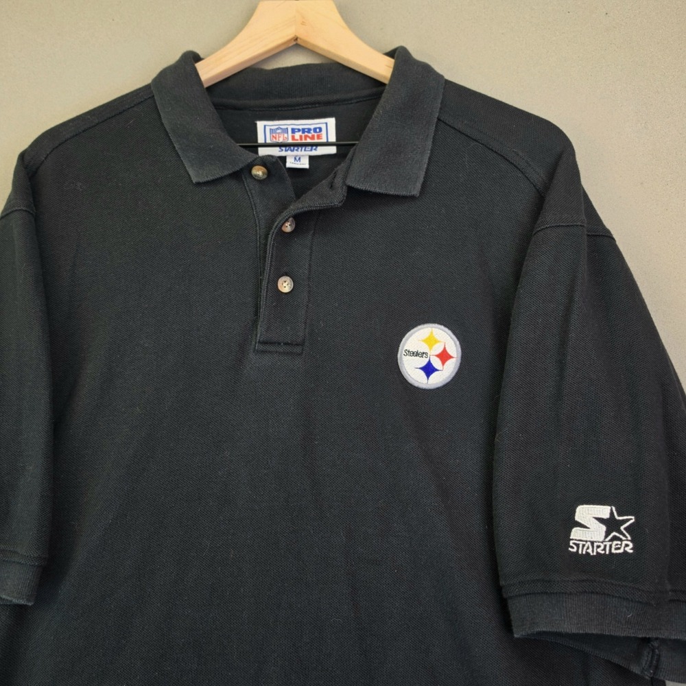 Vintage 90s Starter NFL Pro Line Pittsburgh Steelers Polo Shirt Mens M Black Top